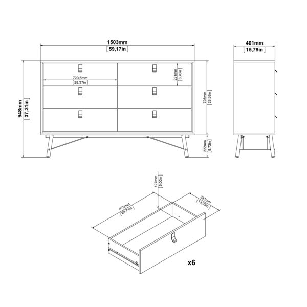 Ry Wide Double Chest of Drawers 6 Drawers in Matt Black Walnut - Image 11