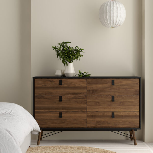 Ry Wide Double Chest of Drawers 6 Drawers in Matt Black Walnut - Image 7