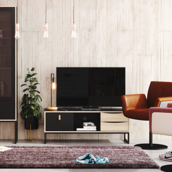 Stubbe TV Unit 1 Door 2 Drawers and Open Shelf in Matt Black Oak - Image 9