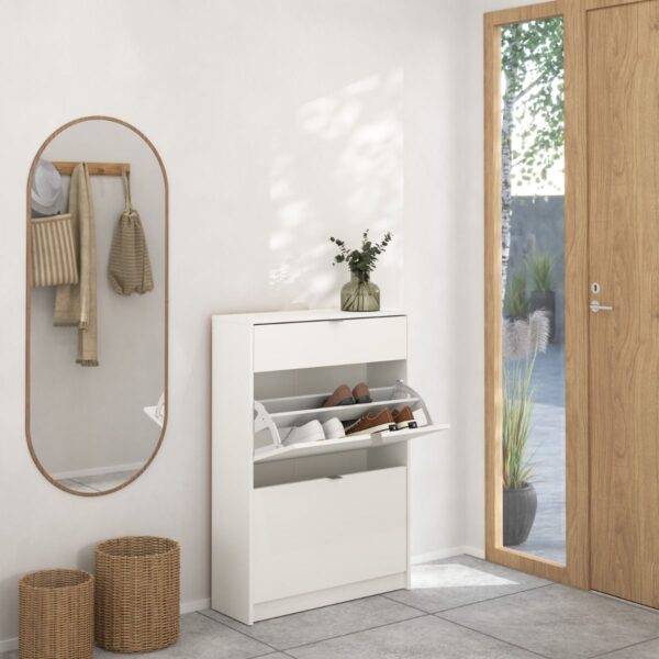 Shoes Shoe Cabinet 2 Flip Down Doors + 1 Drawer in White - Image 2