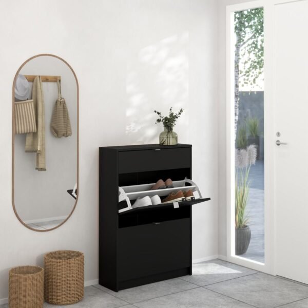 Shoes Shoe Cabinet 2 Flip Down Doors + 1 Drawer in Matt Black - Image 3