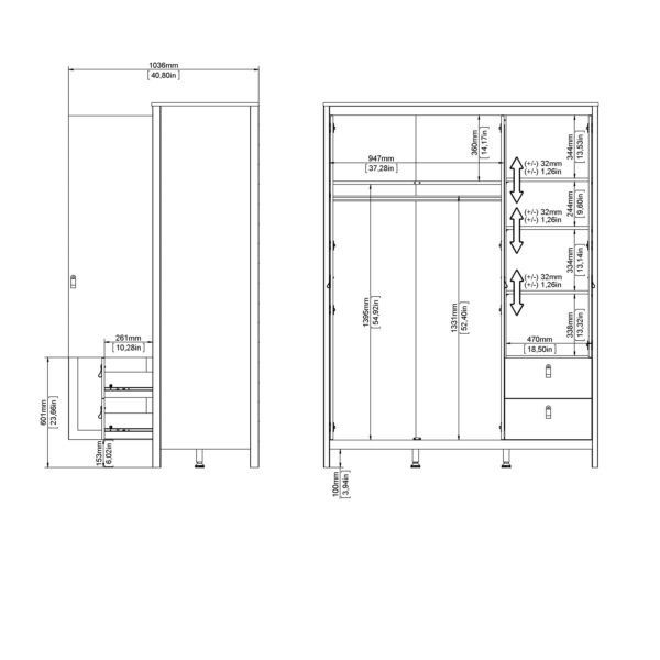 Madrid  Wardrobe with 2 Doors 1 Mirror Door 2 Drawers Matt Black - Image 12