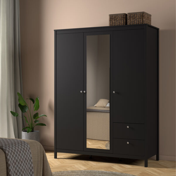 Madrid  Wardrobe with 2 Doors 1 Mirror Door 2 Drawers Matt Black - Image 8