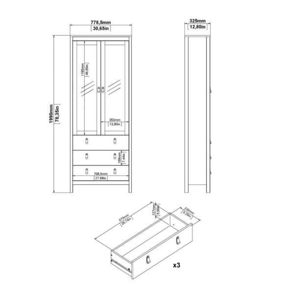 Madrid China Cabinet 2 Glass Doors with 3 Drawers in Matt Black - Image 12