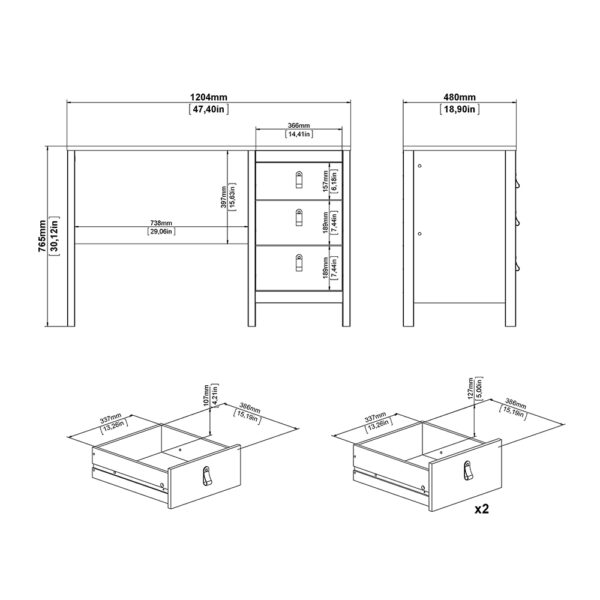 Madrid Desk 3 Drawers Matt Black - Image 10