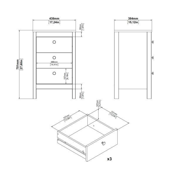 Madrid Bedside Table 3 Drawers in Matt Black - Image 10