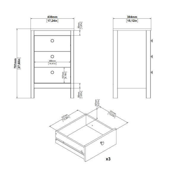 Madrid Bedside Table 3 Drawers in Jackson Hickory Oak - Image 10