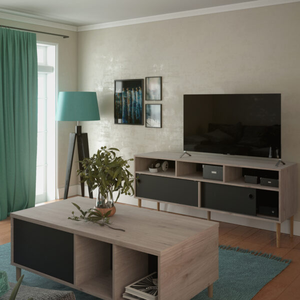 Rome TV Unit 2 Sliding Doors in Jackson Hickory Oak and Matt Black - Image 7