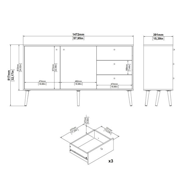 Cumbria Sideboard 2 Doors + 3 Drawers White - Image 10