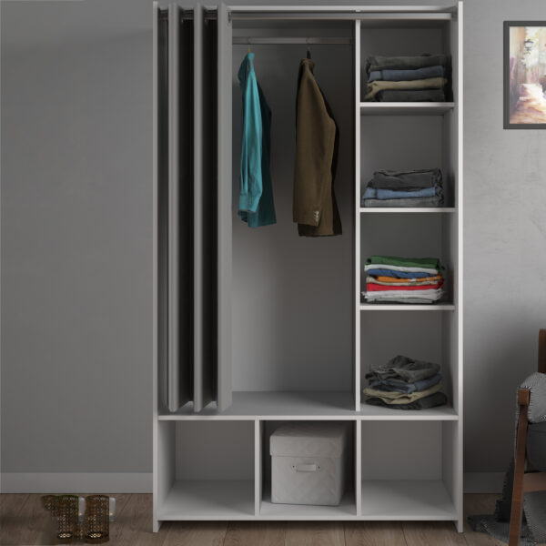 Uppsala Open Wardrobe Unit in White with a Grey Textile Curtain - Image 5