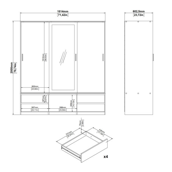 Line Wardrobe with 2 Sliding Doors 1 Sliding Door with Mirror in Jackson Hickory Oak - Image 12