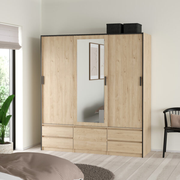 Line Wardrobe with 2 Sliding Doors 1 Sliding Door with Mirror in Jackson Hickory Oak - Image 2