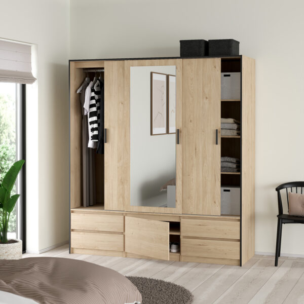 Line Wardrobe with 2 Sliding Doors 1 Sliding Door with Mirror in Jackson Hickory Oak - Image 9