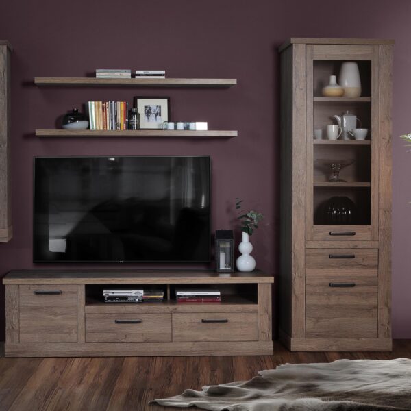 Corona 2 Door 1 Drawer 3 Shelve Narrow Display Cabinet in Tabak Oak - Image 4