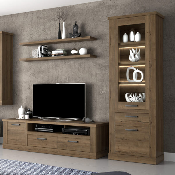 Corona 2 Door 1 Drawer 3 Shelve Narrow Display Cabinet in Tabak Oak - Image 5