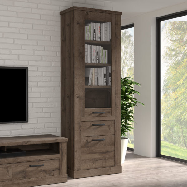 Corona 2 Door 1 Drawer 3 Shelve Narrow Display Cabinet in Tabak Oak - Image 6