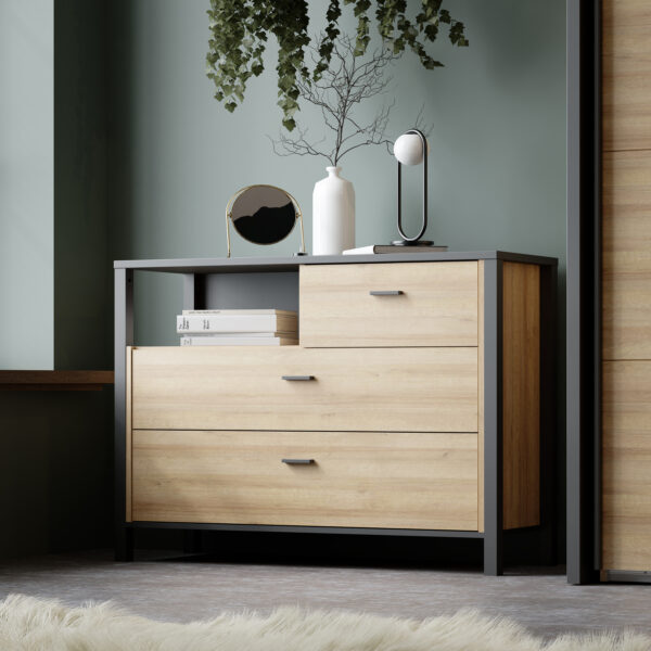 High Rock Chest of 3 Drawers in Matt Black/Riviera Oak - Image 6
