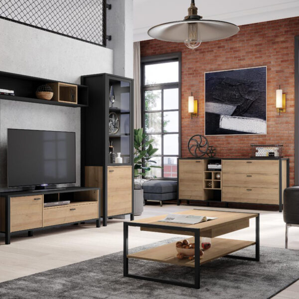High Rock Wide Display Cabinet in Matt Black/Riviera Oak - Image 7
