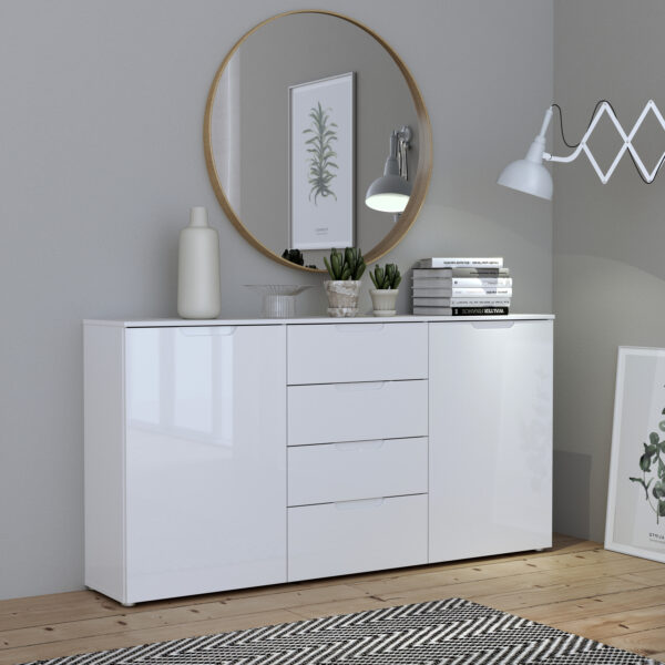 Sienna Wide Chest of 4 Drawers and 2 Doors in White/White High Gloss - Image 5