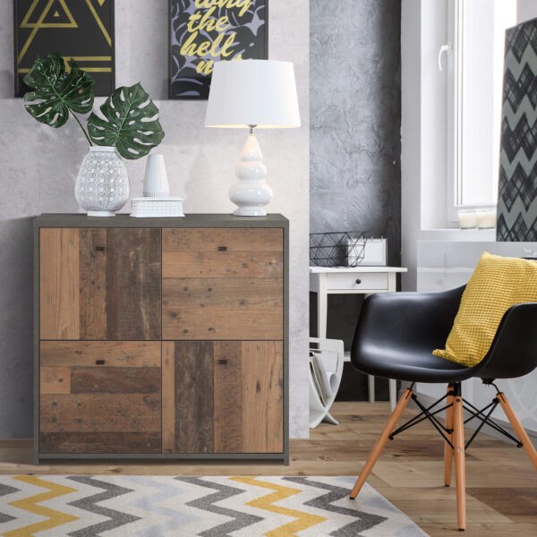 Best Chest Storage Cabinet with 4 Doors in Concrete Optic Dark Grey/Old - Wood Vintage - Image 5