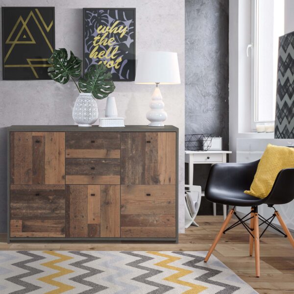 Best Chest Storage Cabinet with 2 Drawers and 5 Doors in Concrete Optic Dark Grey/Old - Wood Vintage - Image 5