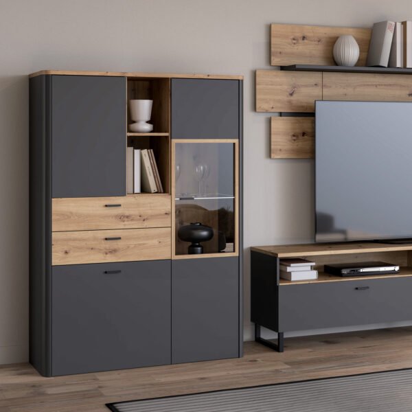Klara Display Cabinet with 2 Door 2 Drawers and 1 Glass Door in Grey and Oak - Image 2
