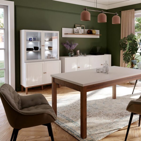 Wensley Display Cabinet with 2 Doors and 2 Glass Doors in Light Grey and Oak inc LED Lighting - Image 6