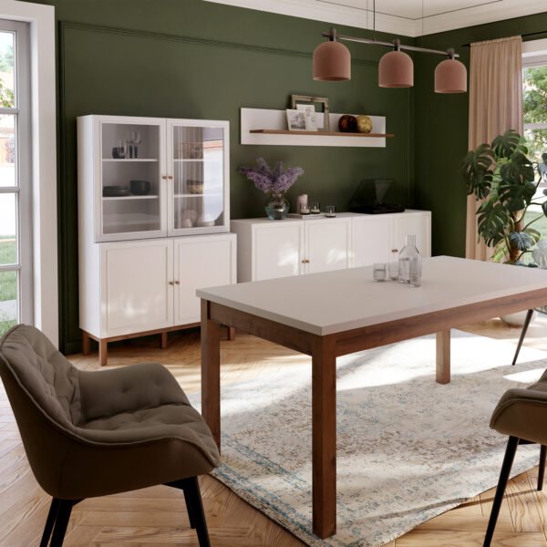Wensley Display Cabinet with 2 Doors and 2 Glass Doors in Light Grey and Oak inc LED Lighting - Image 7