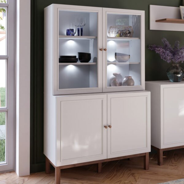 Wensley Display Cabinet with 2 Doors and 2 Glass Doors in Light Grey and Oak inc LED Lighting - Image 2