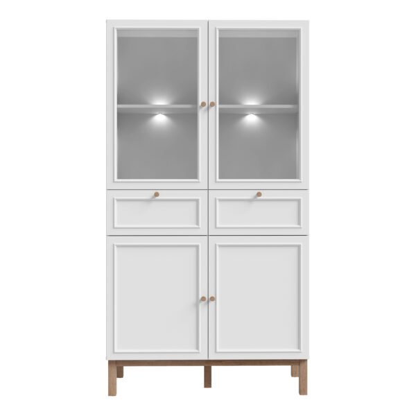 Wensley Display Cabinet with 2 Doors 2 Drawers and 2 Glass Doors in Light Grey and Oak inc LED Lighting - Image 3