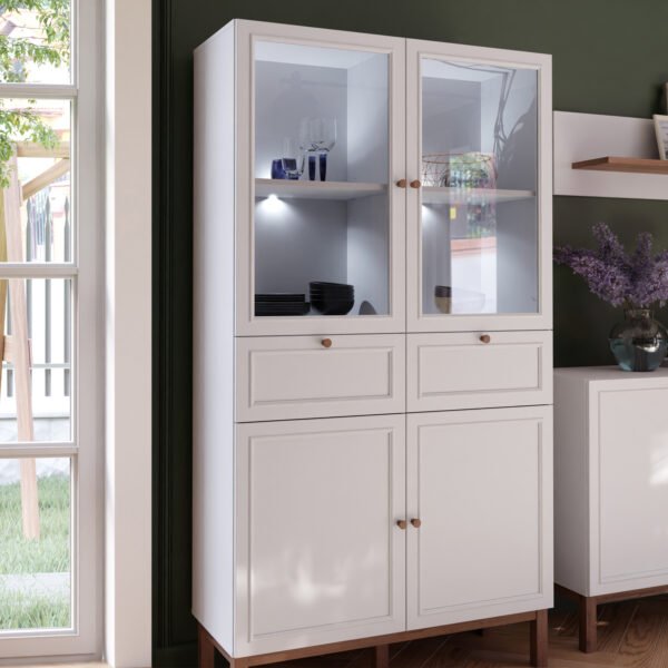 Wensley Display Cabinet with 2 Doors 2 Drawers and 2 Glass Doors in Light Grey and Oak inc LED Lighting - Image 2