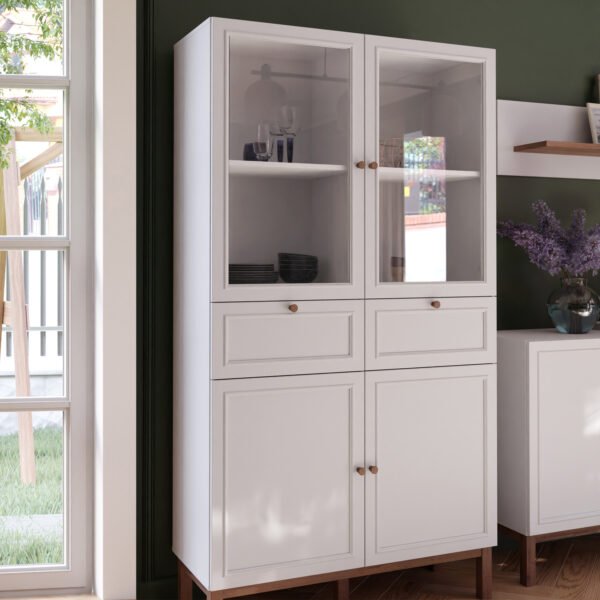 Wensley Display Cabinet with 2 Doors 2 Drawers and 2 Glass Doors in Light Grey and Oak inc LED Lighting - Image 6