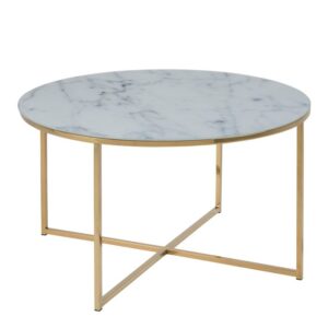Alisma Open Shelf Coffee Table with White Crystal Clear Marble Glass Top & Gold Legs