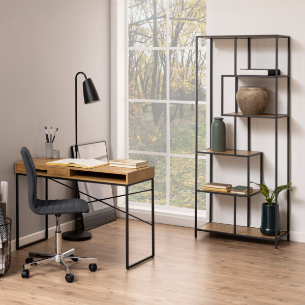 Seaford Tall Black Metal Bookcase with 5 Oak Shelves - Image 5