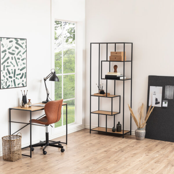 Seaford Tall Black Metal Bookcase with 5 Oak Shelves - Image 7