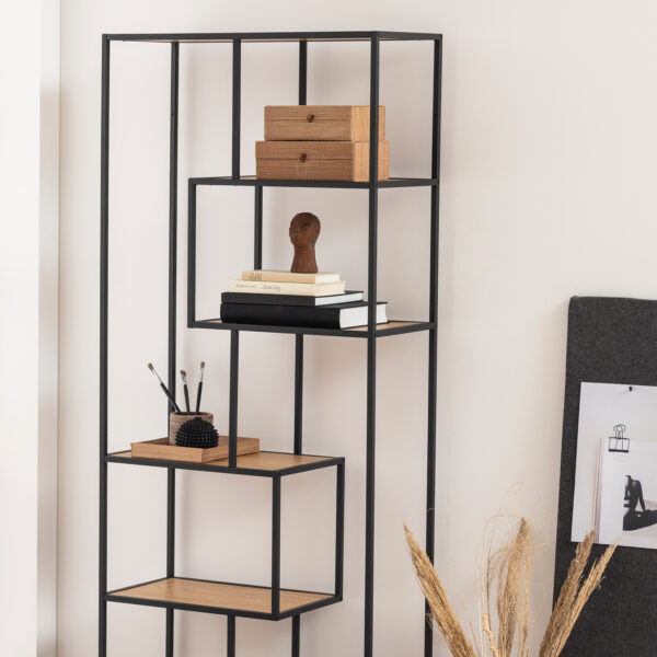 Seaford Tall Black Metal Bookcase with 5 Oak Shelves - Image 8