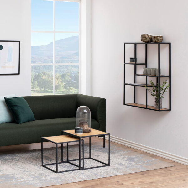 Seaford Black Metal Wide Wall Shelf with 3 Additional Oak Shelves - Image 4