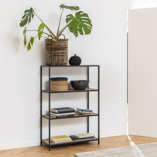 Seaford Black Metal Low Bookcase with 3 Oak Shelves - Image 5