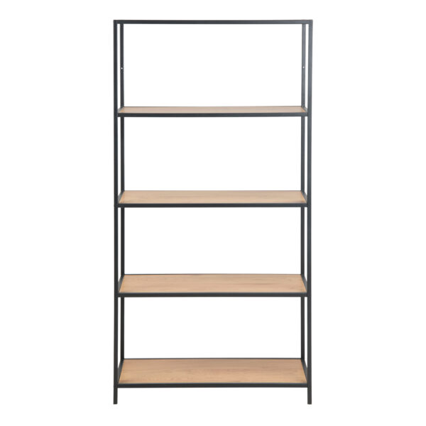 Seaford Tall Black Metal Bookcase with 4 Oak Shelves - Image 3