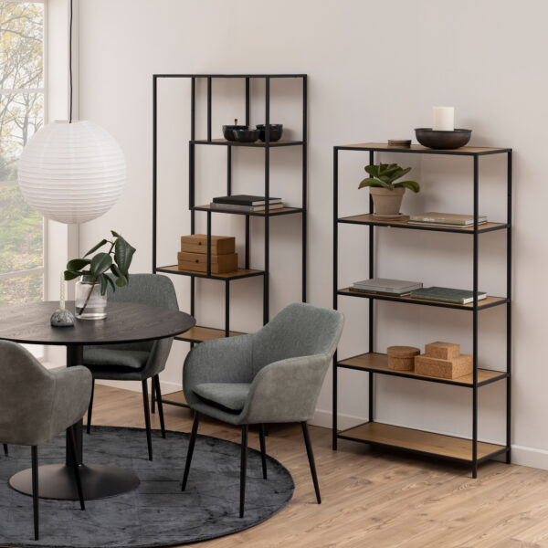 Seaford Tall Black Metal Bookcase with 4 Oak Shelves - Image 5