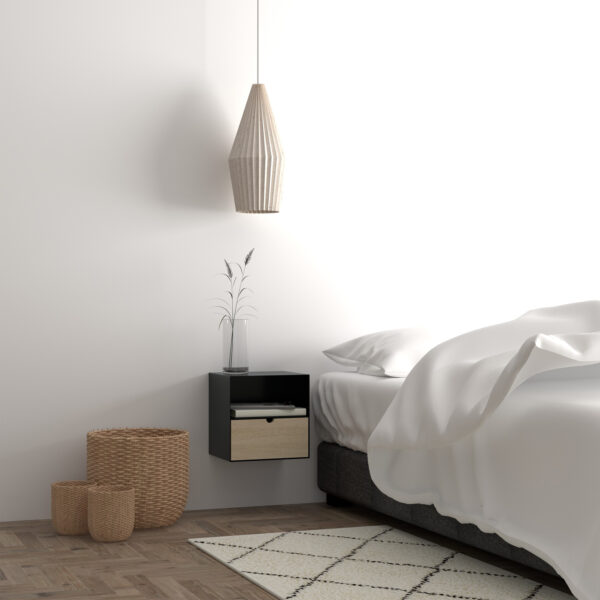 Joliet 1 Drawer Wallmounted Bedside Table in Black & Bamboo - Image 8
