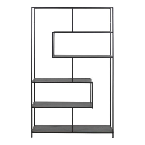 Seaford Black Metal Large Asymmetrical Bookcase with 5 Black Shelves - Image 3