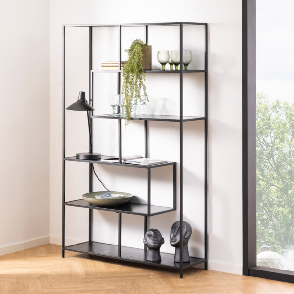 Seaford Black Metal Large Asymmetrical Bookcase with 5 Black Shelves - Image 2