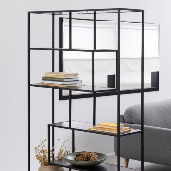 Seaford Black Metal Large Asymmetrical Bookcase with 5 Black Shelves - Image 7