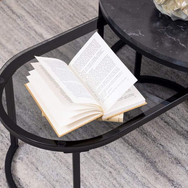 Spiro Round/Oval Coffee Table Set with Black Marble/Smoked Melamine Glass Top - Image 4