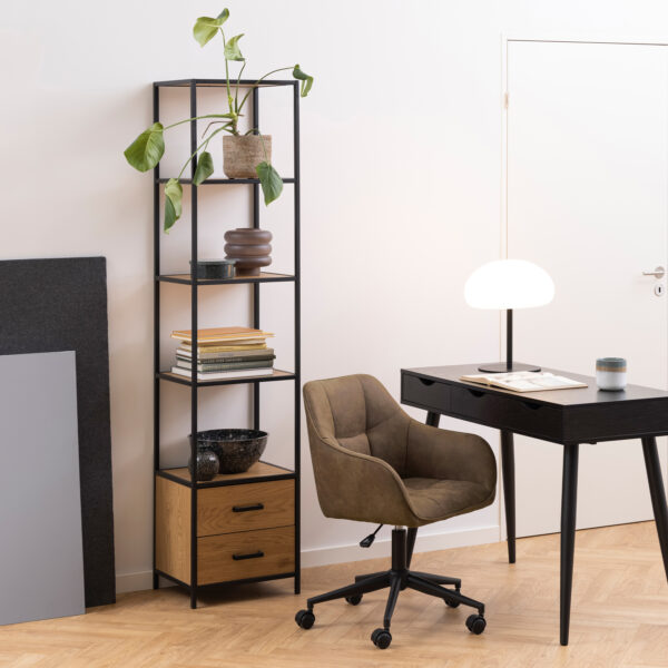 Seaford Bookcase with 2 Drawers and 3 Shelves in Black & Oak - Image 4