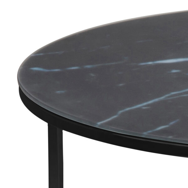 Alisma Round Coffee Table with Black Marble Effect Glass Top & Black Legs - Image 4