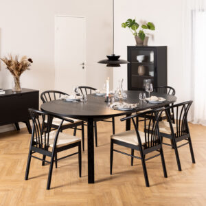 Montreux Round Extending Dining Table in Black 115-154 cm Included 6 Cassandra Dining Chair with Armrest in Black