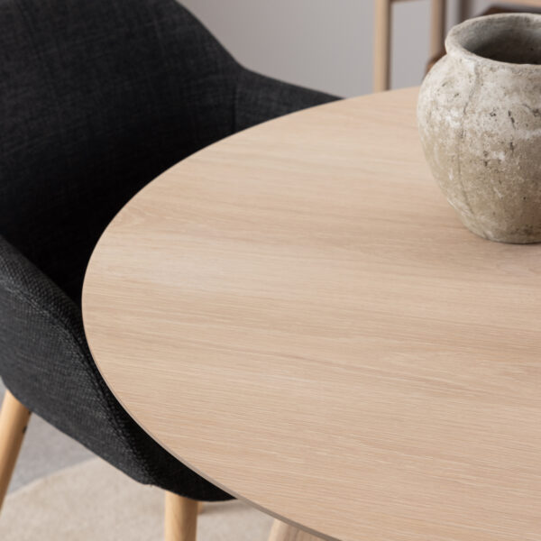 Townsville Round Dining Table in White and Oak Included 4 Batilda Dining Chairs with Grey Fabric and Oak - Image 4