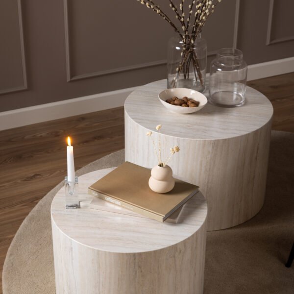 Dice Round Coffee Table Set in Light Travertine Effect - Image 6